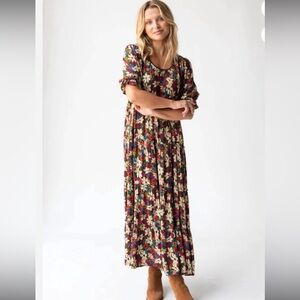 Natural Life Large Collette Tiered Maxi Dress Green White Lilies NWOT Large